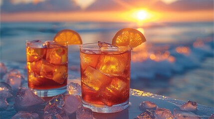 Multiple cocktails on a beachside bar counter, with waves gently hitting the shore in the background, captured during the golden hour. Generative AI.