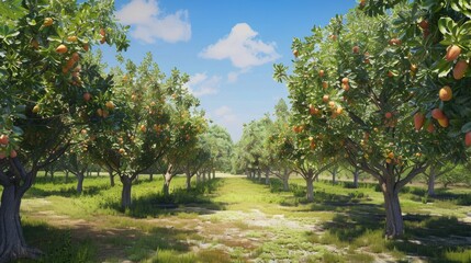 Fototapeta premium Serene view of a pear orchard, trees laden with ripe pears and a blue sky backdrop.
