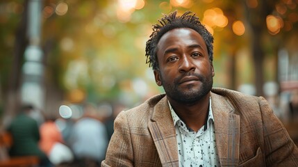 Fototapeta premium Portrait of sad expression sitting in park black man, professional costume at busy blurred park background 