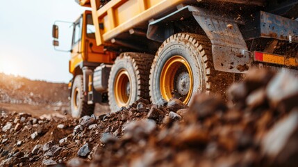 A large heavy-duty dump truck is actively moving across a rough and rocky terrain, likely at a construction or mining site, during daytime under clear skies.