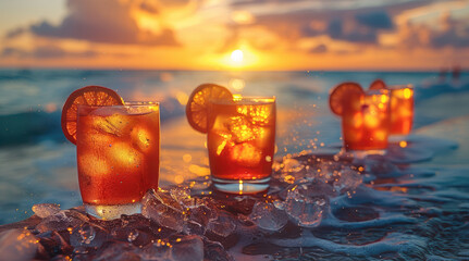 Multiple cocktails on a beachside bar counter, with waves gently hitting the shore in the background, captured during the golden hour. Generative AI.