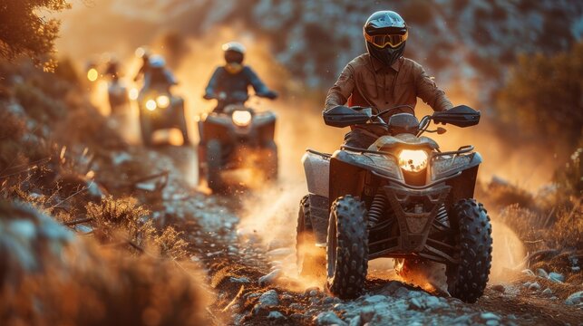 ATV riders skillfully navigate rocky paths at sunrise, capturing the spirit of adventure and the thrill of off-roading amidst breathtaking natural scenery and warm light.