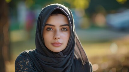 Portrait of sad expression sitting in park hijab woman, professional costume at busy blurred park background
