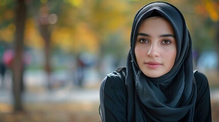 Portrait of sad expression sitting in park hijab woman, professional costume at busy blurred park background