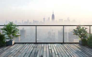 Naklejka premium Empty balcony with view of the New York City skyline at sunrise.