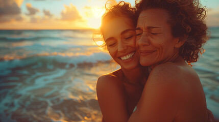 Pride month. Senior mature lesbian couple hug, seaside background