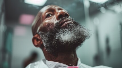 A well-groomed man with a thick beard is shown looking into the mirror at a barbershop, capturing the essence of personal grooming and self-care in a contemporary setting.