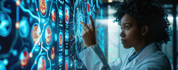 A woman is pointing at a computer screen with a lot of data on it. She is wearing a white lab coat and she is a scientist. Concept of a busy and complex work environment