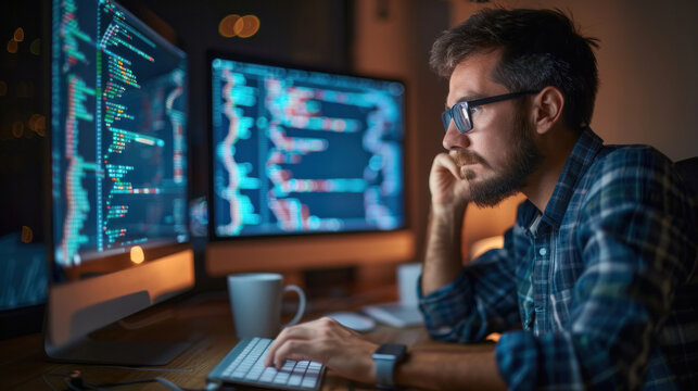 A man is sitting at a desk with two computer monitors in front of him. He is wearing glasses and he is focused on his work. Concept of productivity and concentration as the man works on his computer