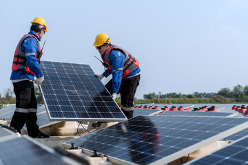 Photovoltaic engineers work on floating photovoltaics. workers Inspect and repair the solar panel...