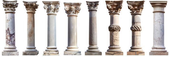 Stone Pillars Set Isolated, Old Roman Columns, Marble Greek Pillar, Rome Greece Architecture