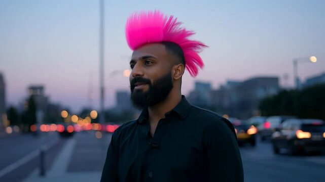 Man with pink mohawk hairstyle in urban night setting