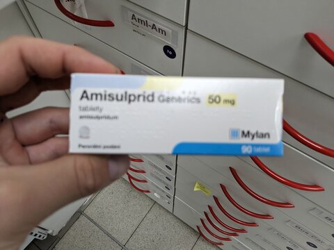 Prague, Czech Republic - July 10 2024: AMISULPRID GENERICS box of medication with AMISULPRIDE active substance by GENERICS, used for treatment of schizophrenia and bipolar disorder.

