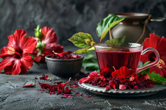 A mug of hibiscus tea on a background of dried flowers. Concept template of alternative medicine, health, promotion of herbs and teas for health