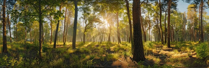Fototapeta premium Sunbeams Through a Pine Forest