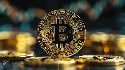 Close-up of a physical Bitcoin coin with blurry background, representing digital currency and cryptocurrency investment opportunities.