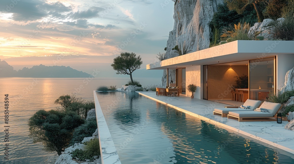 Aufkleber a minimal house with a small pool and a cozy seating are. the house is situated in on the coast. gen