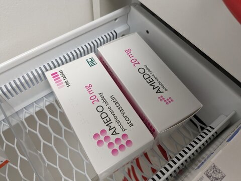 Prague, Czech Republic - July 9 2024: AMEDO box of tablets with AMLODIPINE active substance, used for treatment of hypertension and angina.

