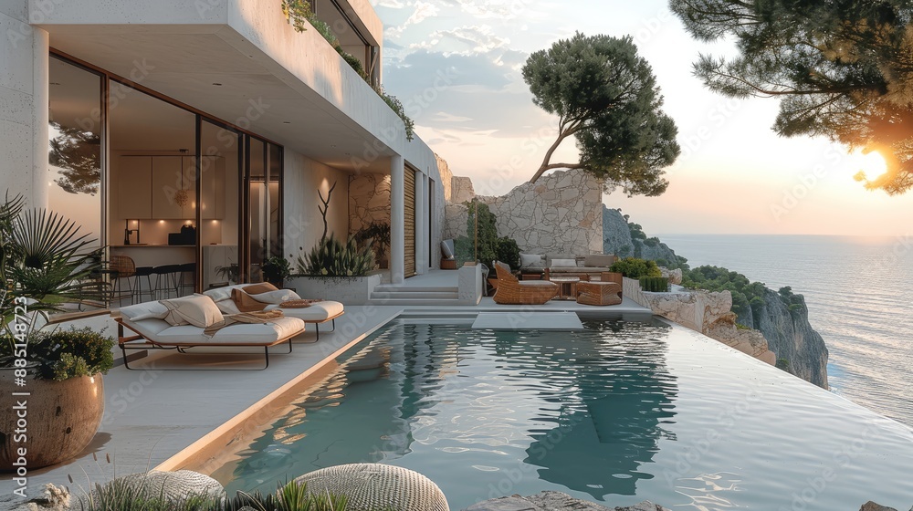 Poster a minimal house with a small pool and a cozy seating are. the house is situated in on the coast. gen