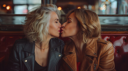 Pride month. Senior mature lesbian couple kiss kissing love