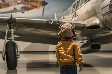 A young child admires a vintage airplane in a museum, wearing a pilot hat and jacket, representing a dream. National Aviation Day