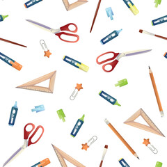 seamless school pattern on a white background. color illustration, markers of different colors, scissors, rulers, pencils, stickers, bookmarks, brushes. pattern for textile, background, packaging, wal