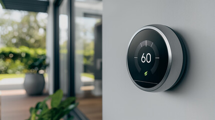 Thermostat in a modern home, utilizing smart technology to learn household schedules and preferences, automatically adjusting temperature for comfort and energy savings.