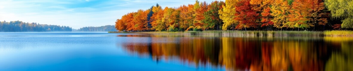 serene autumn reflections vibrant fall foliage mirrored in a tranquil lake, creating a picturesque landscape.
