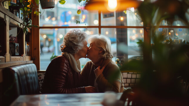 Pride month. Senior mature lesbian couple kiss kissing love