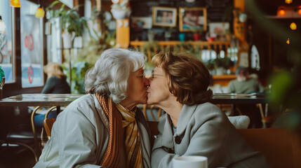 Fototapeta premium Pride month. Senior mature lesbian couple kiss kissing love