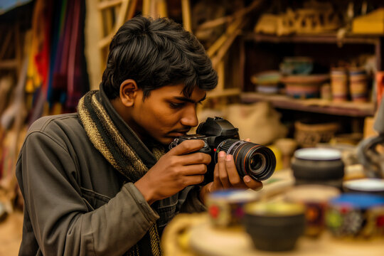 Photographer focusing camera, capturing moments in vibrant rustic market, with various colorful pottery. World Photo Day