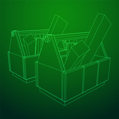 Wooden Toolbox with Tools. Wireframe low poly mesh vector illustration