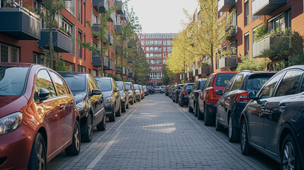 Urban area featuring a smart parking system with IoT sensors that detect open spots and guide drivers through a convenient mobile app.