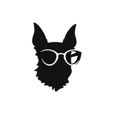 black and white image of a dog wearing glasses