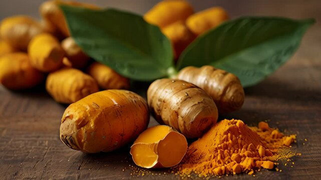 close-up of fresh turmeric roots on a wooden surface with turmeric powder and green leaves