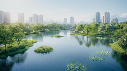 A city with a large body of water in the middle. The water is calm and peaceful. Trees surround the water, creating a serene atmosphere