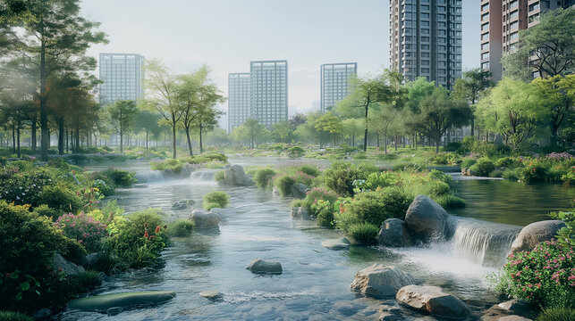 A park with a stream and a waterfall. The water is clear and the rocks are scattered throughout the area. The park is surrounded by tall buildings, giving it a sense of urban tranquility