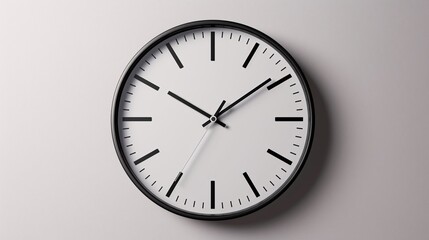 A sleek, minimalist wall clock with bold numbers and hands, set against a neutral background, symbolizing the importance of time management in professional and personal settings, perfect for office