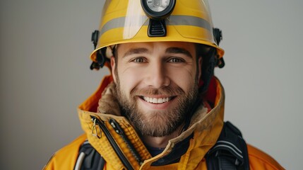 Fototapeta premium Portrait of laughinghard firefighter white man looks in camera. professional costume at isolated background