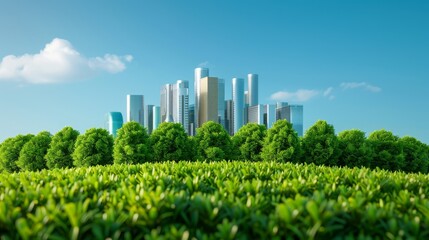 Fototapeta premium sustainable cityscape - green urban development with modern buildings and lush grassy field under a clear blue sky.