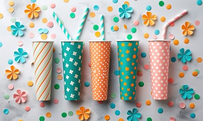 Obraz premium st patricks day decorations on white table eye glasses leprechauns hat drinking straws confetti flat lay top view