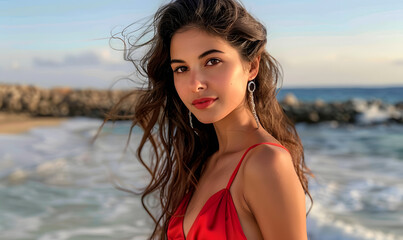Naklejka premium &nbsp;beautiful model by the beach in a dress on a holiday