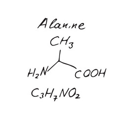Alanine C3H7NO2 molecule formula. Hand drawn imitation of alanine structural model