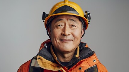 Fototapeta premium Portrait of laughinghard firefighter korean man looks in camera. professional costume at isolated background