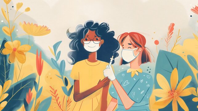 Illustration smiling African American girl receives vaccine from nurse healthcare worker, National Immunization Awareness Month