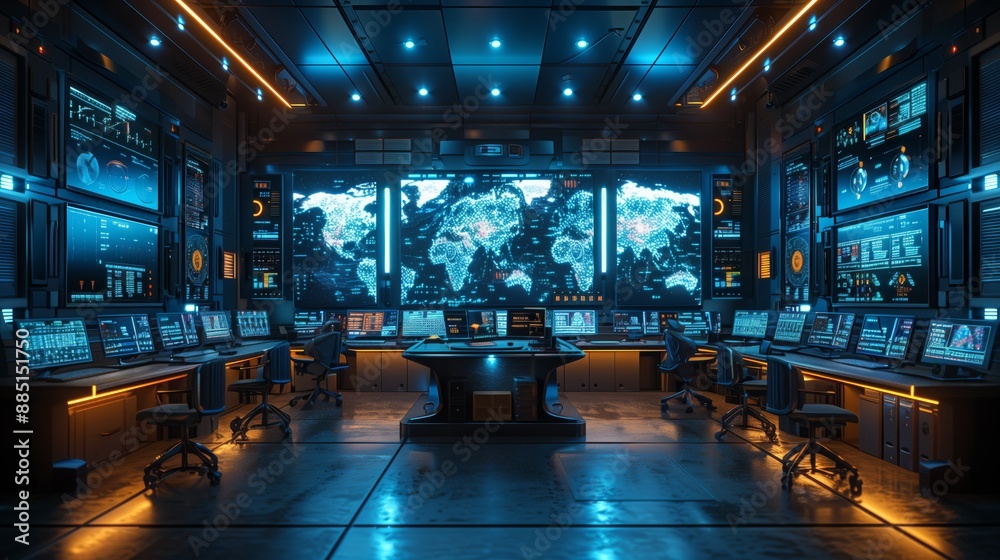 Poster high-tech control room with world map displays. high-tech control room with multiple displays showin