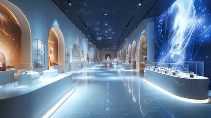 Interior design of an immersive hall of projection mapping, At the front is a reception with merchandise. Generative AI.