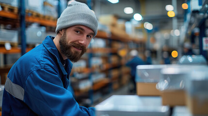 Happy employees working at a productive and well run factory floor. Generative AI.