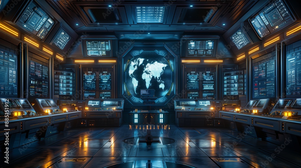 Poster advanced control room with data and global displays. advanced control room filled with data and glob