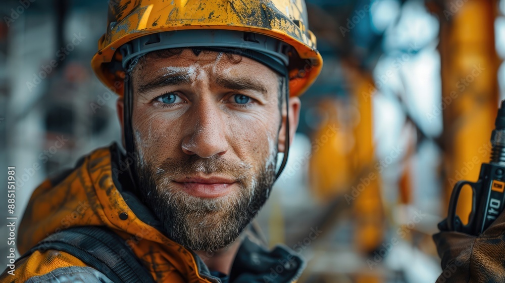 Poster builder with a drill, close-up of a builder in a helmet holding a drill. generative ai.